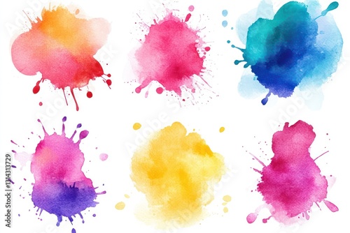 Vibrant set of watercolor splash stains on a transparent background
