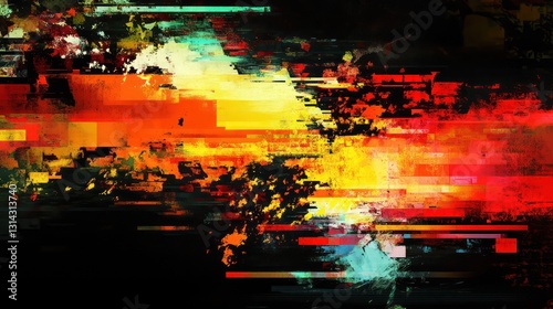 Vibrant abstract digital glitch effect with fragmented pixels and distorted lines on a dark background.