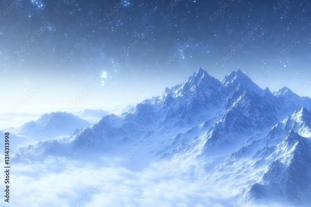 Majestic snowy mountains rise above a blanket of clouds under a starry night sky, creating a serene and mystical landscape. Majestic snowy mountains rise above a blanket of clouds under a starry night sky, creating a serene and mystical landscape.