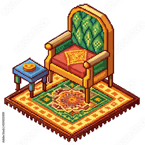 Vintage Pixel Art Armchair Scene with Table and Rug in Isometric Style