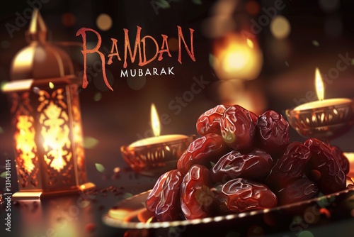 A richly textured Islamic Ramadan scene with Fard dates, the gentle glow of a diya lamp, and a beautifully designed Arabic lantern, creating a festive mood