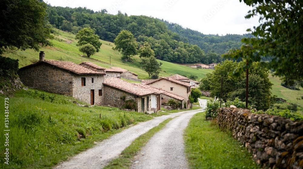 Rustic village nestled in a valley Rustic village nestled in a valley