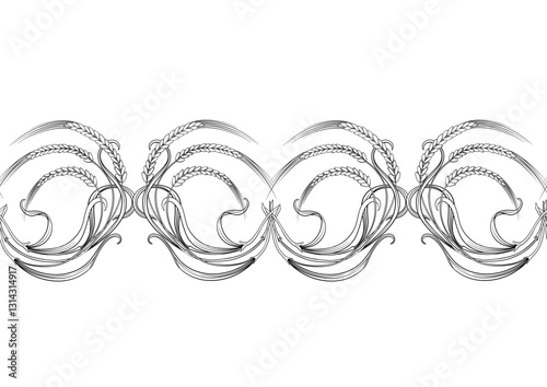 Ears of cereal, wheat or rye Seamless border pattern, linear ornament, ribbon Vector illustration. Outline hand drawing. In art nouveau style, vintage, old, retro style.