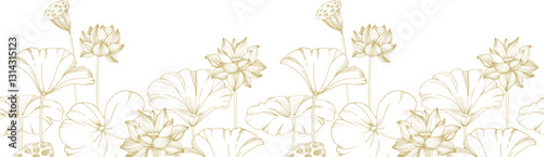 Lotus gold flowers and leaves seamless border. Vector illustration hand drawn and isolated on white background. Template for label and logo design