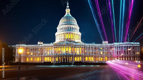Vibrant laser lights illuminate the Capitol building at night in stunning 4K animation