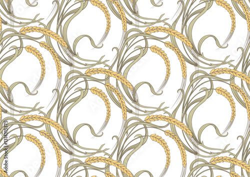 Ears of cereal, wheat or rye Seamless border pattern, linear ornament, ribbon Vector illustration. Outline hand drawing. In art nouveau style, vintage, old, retro style.