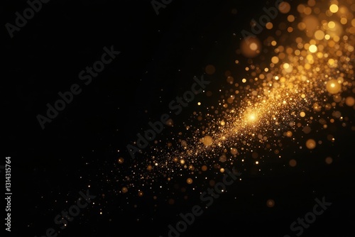 Abstract black background, scattered gold glitter, intense shine , shiny, golden shimmer