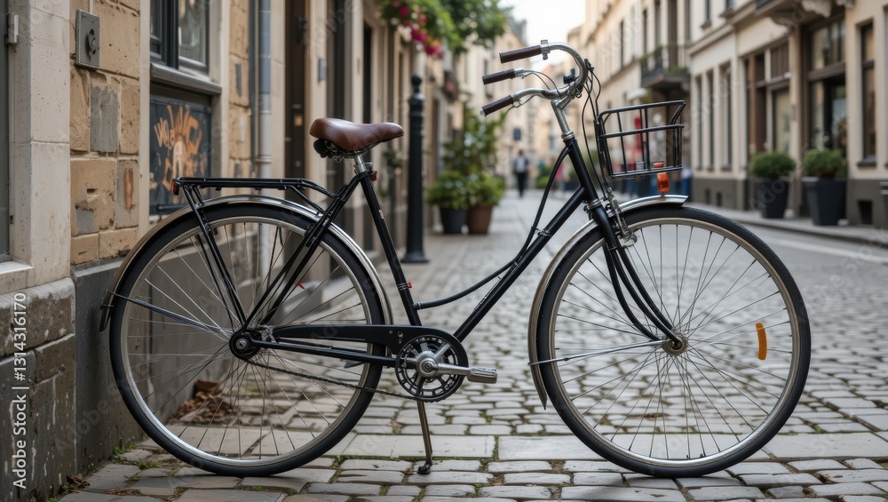 Classic Black Bicycle Parked on Cobblestone Street Surrounded by Charming Historic Buildings