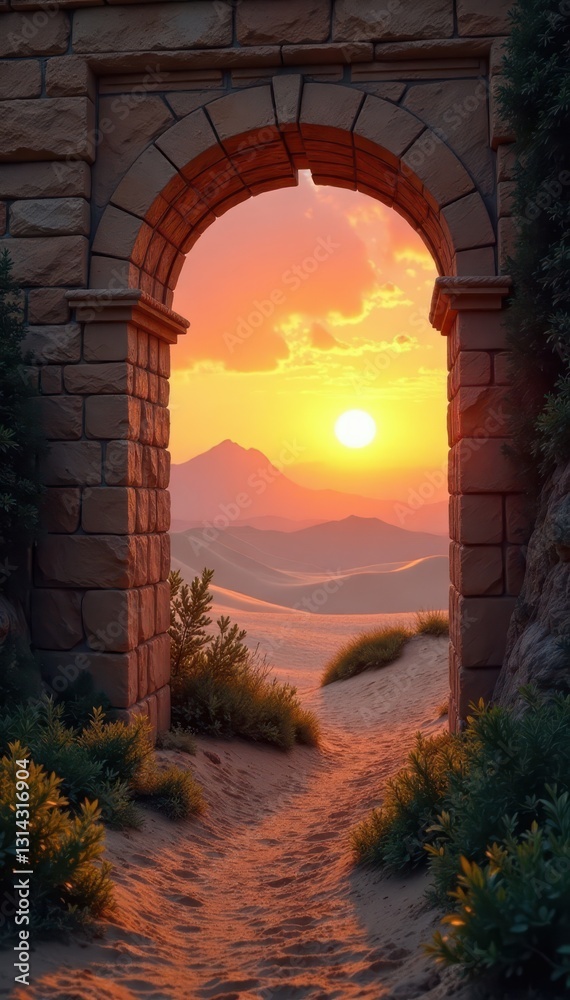 Fototapeta premium Ancient stone gate reveals lush oasis at sunset; sun sets behind dunes , light, historical