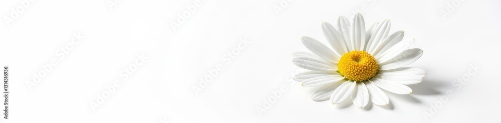 A pristine common daisy, fully opened, set against a stark white, simple, sharp A pristine common daisy, fully opened, set against a stark white, simple, sharp