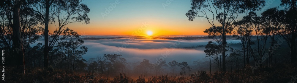 Fototapeta premium A breathtaking sunrise illuminates a fog-covered valley, framed by silhouetted trees, offering a tranquil vista.