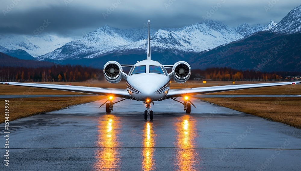 Fototapeta premium Jet on the Runway: A private jet, illuminated by its lights, sits poised on a wet runway with a majestic mountain range in the background. Capturing luxury travel and the anticipation of flight.