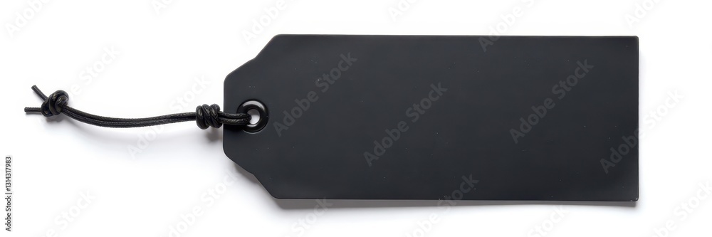 Fototapeta premium Black tag, tied with thick rope, isolated on white , material, hanging, tag label