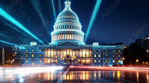 Dynamic nighttime view of an animated Capitol building illuminated with vibrant colors