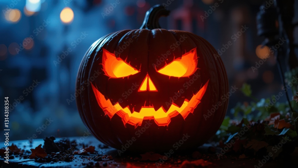 Carved Halloween Pumpkin with Eerie Glow and Scary Face at Night in Autumn Setting Carved Halloween Pumpkin with Eerie Glow and Scary Face at Night in Autumn Setting