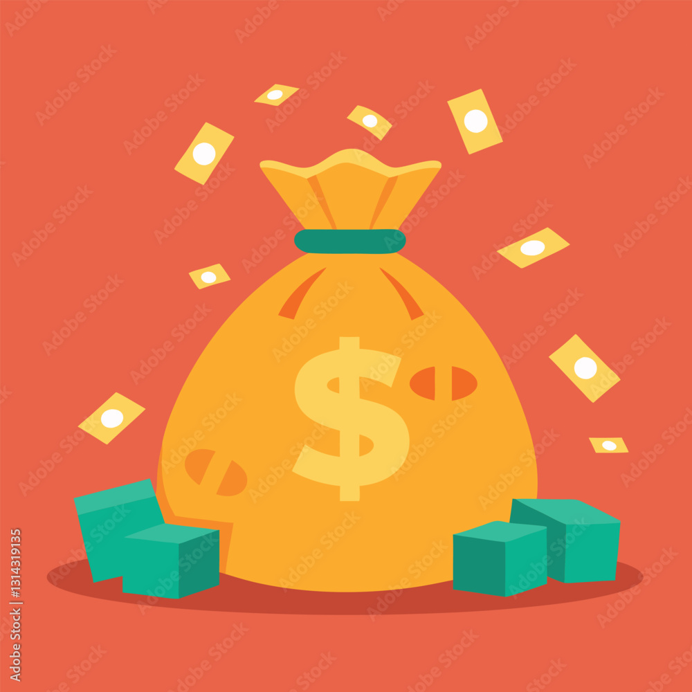A giant-money-bag-made of-cloth overflowing. A giant-money-bag-made of-cloth overflowing.
