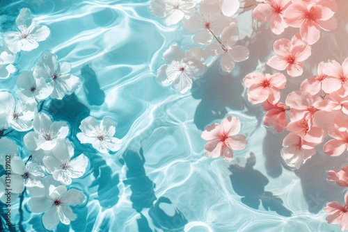 Water background. Blue and pink neon aqua texture, surface of ripples, white flowers shadows and sunlight. Spa concept background. Flat lay, top