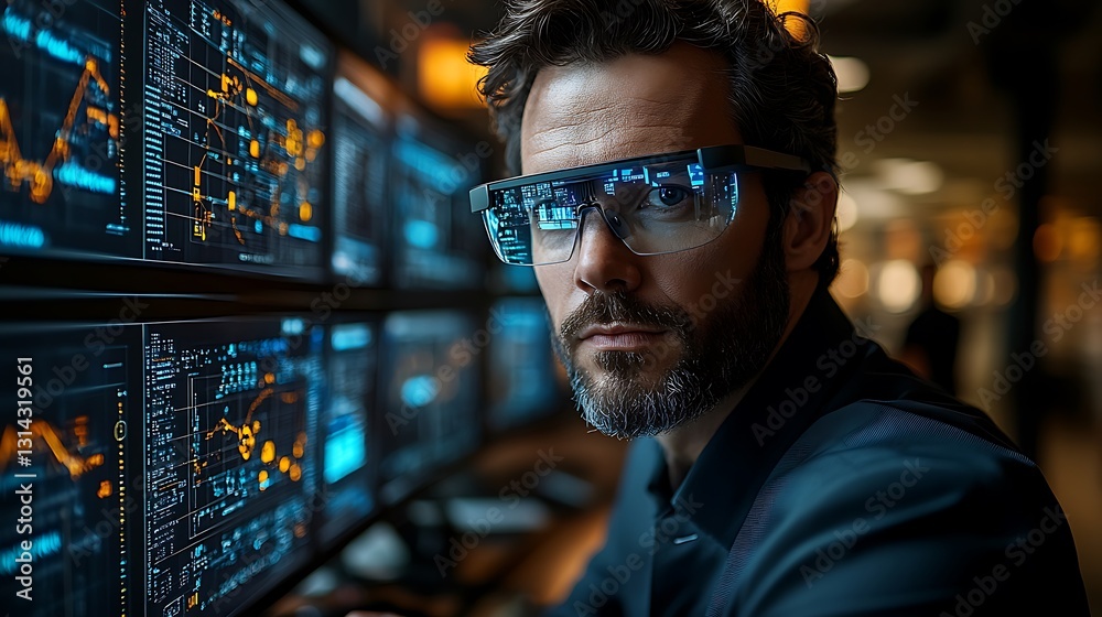 A tech-savvy businessman wearing smart glasses, working on a multi-display setup with a massive digital interface, sleek modern aesthetics, A tech-savvy businessman wearing smart glasses, working on a multi-display setup with a massive digital interface, sleek modern aesthetics,