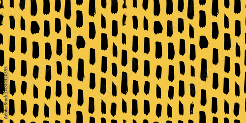Seamless abstract pattern with irregular black brush strokes on a yellow background. Modern artistic texture for fabric, wallpaper, branding, and creative projects. Trendy and bold hand drawn design.