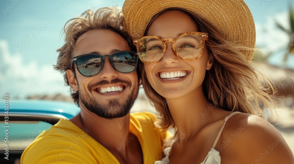 Man and woman are smiling and wearing sunglasses and hats Man and woman are smiling and wearing sunglasses and hats