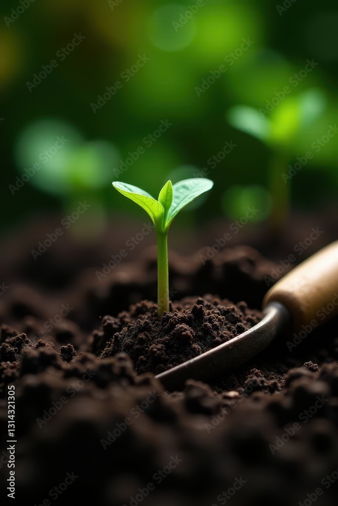 Fototapeta premium Close-up view of delicate seedlings and essential gardening tools nestled in dark soil , trowel, summer