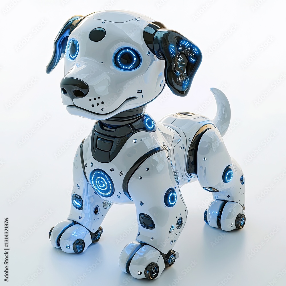 A futuristic robot dog with glowing sensors, isolated on a white background, representing AI-powered robotic pets. A futuristic robot dog with glowing sensors, isolated on a white background, representing AI-powered robotic pets.