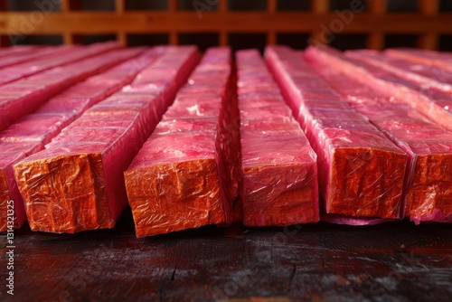 Rows of packaged Chinese firecrackers stacked on a wooden surface, showcasing their vibrant red color and plastic wrapping, ready for celebration.