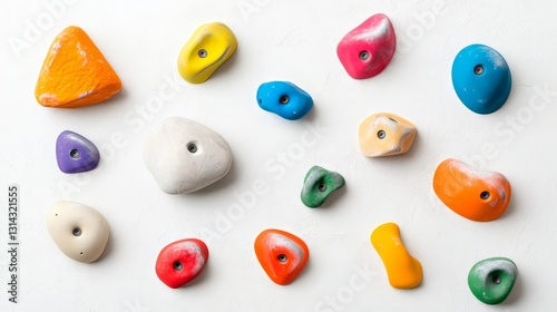 colorful rock climbing holds mounted on white wall in abstract pattern, white background, perfect for bouldering climbing gym promo
