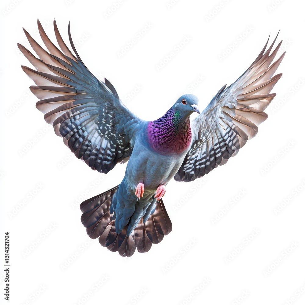 Obraz premium Grey Pigeon in Flight Against White Background