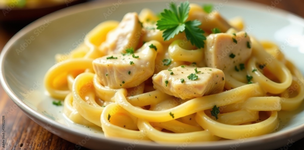 Creamy Alfredo sauce coating fettuccine pasta with tender chicken pieces, homemade pasta, texture Creamy Alfredo sauce coating fettuccine pasta with tender chicken pieces, homemade pasta, texture