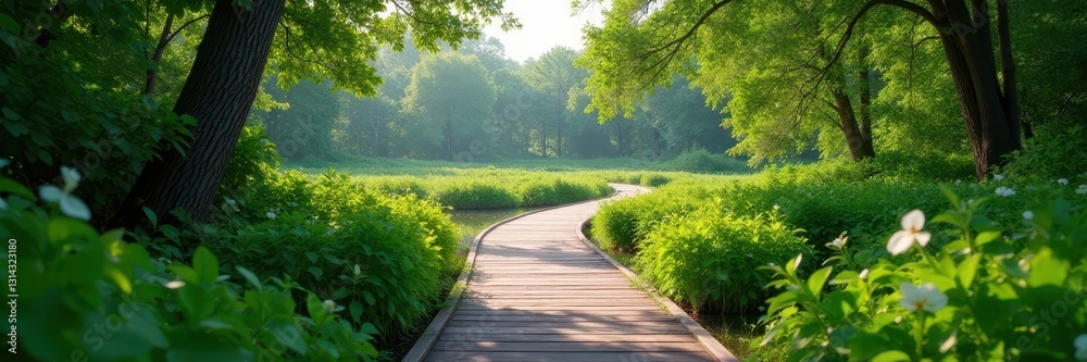Fototapeta premium Curving boardwalk meanders through lush wetland scenery, wetlands, travel, plants