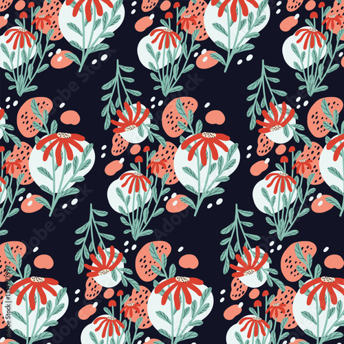 A sophisticated seamless floral pattern with red wildflowers and green leaves on a dark background. Perfect for fabric, wallpaper, wrapping paper, and stylish seasonal decor.