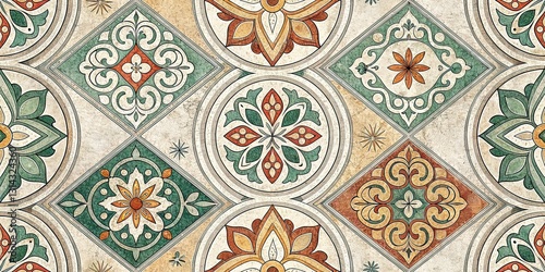 Floral Geometric Tiles on Vintage Concrete, Interior Design