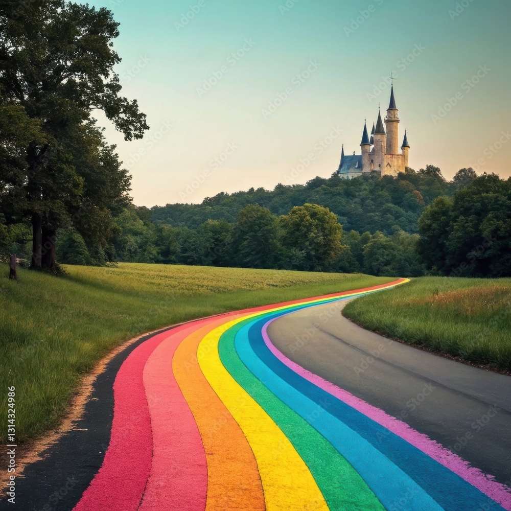 Fototapeta premium Whimsical rainbow road leading to majestic castle in vibrant natural landscape