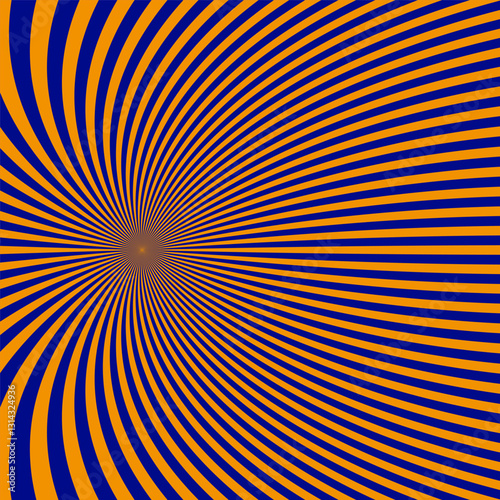 Optical spiral background. Blue and orange stripes. Dynamic radial lines. Abstract vector design.
