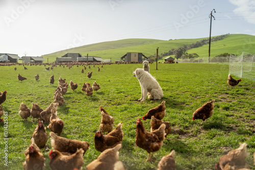 Photography free range chicken farm with chook tractors and guardian dogs