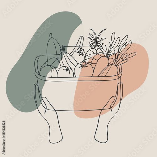 Modern minimalist line art of hands holding fresh organic vegetable basket. Ideal visual for healthy eating, vegan lifestyle, eco-friendly cooking and nutritious food concepts.
