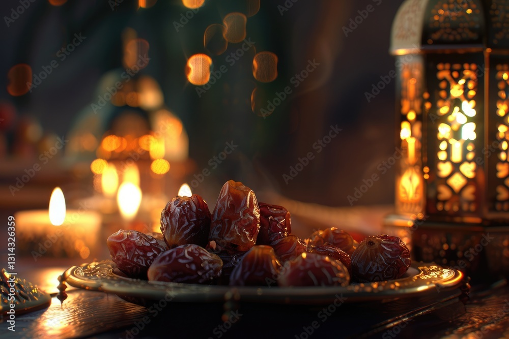 Still life Ramadan photography with plate of dates, flickering candlelight, and golden Arabic lantern in background Still life Ramadan photography with plate of dates, flickering candlelight, and golden Arabic lantern in background