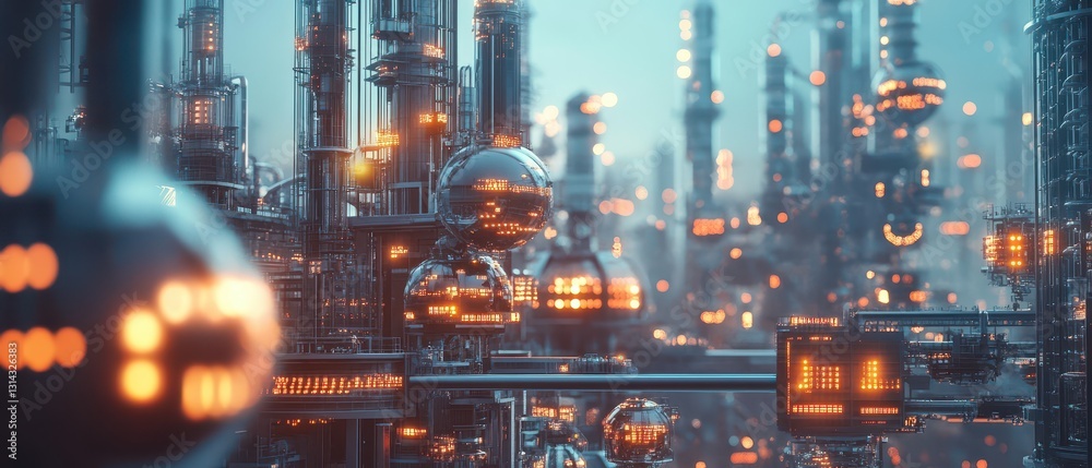 Obraz premium Gigantic industrial AI network managing multiple fully automated factories, engineers ensuring optimal robotic workforce efficiency