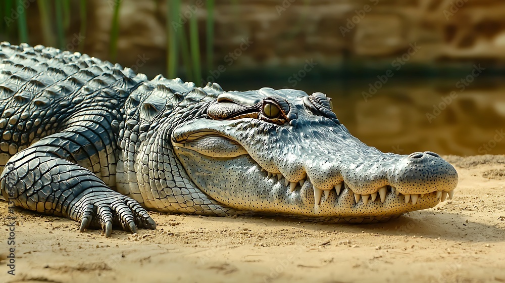 Close-up of a crocodile resting on sand Close-up of a crocodile resting on sand