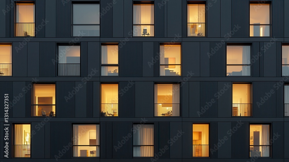 Modern Apartment Building with Illuminated Windows at Dusk in Urban Environment Modern Apartment Building with Illuminated Windows at Dusk in Urban Environment