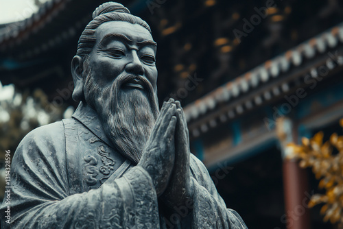 a statue of the chinese philosopher confucius stands in front,