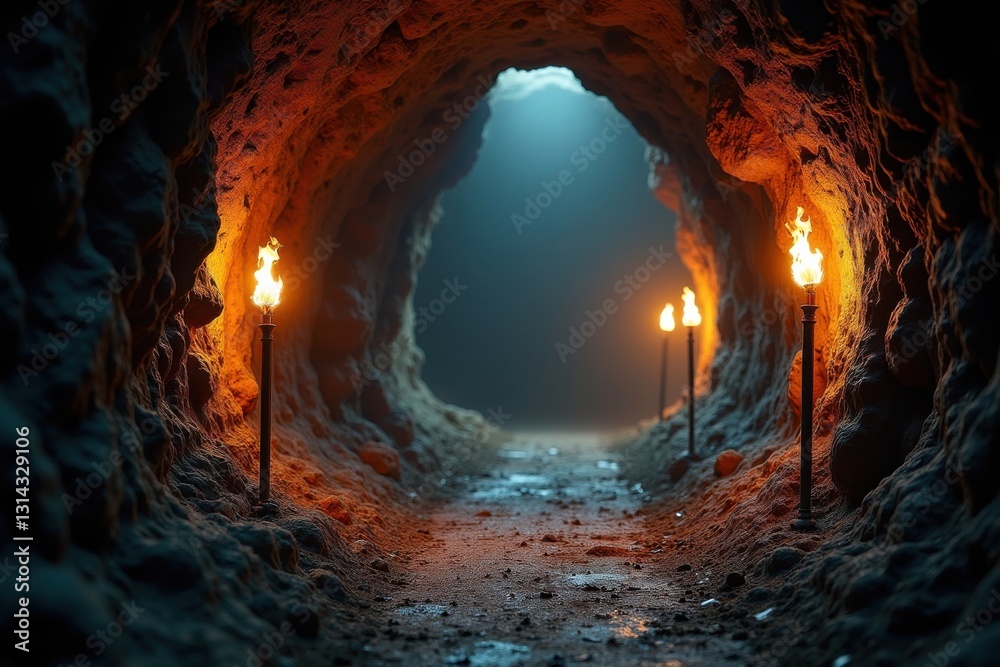 Mysterious cave illuminated by flickering torches Mysterious cave illuminated by flickering torches