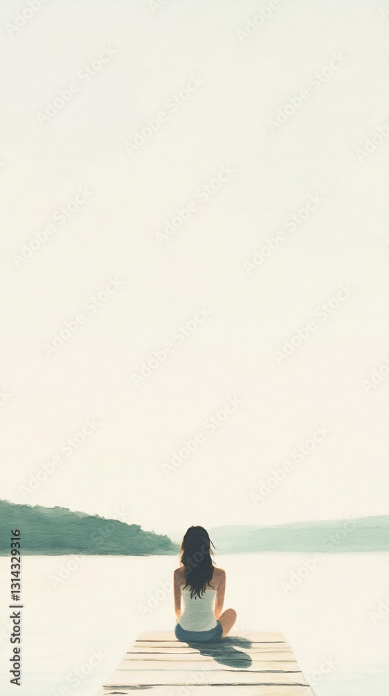 Fototapeta premium young woman enjoying peaceful lakeside moment, pastel green tones