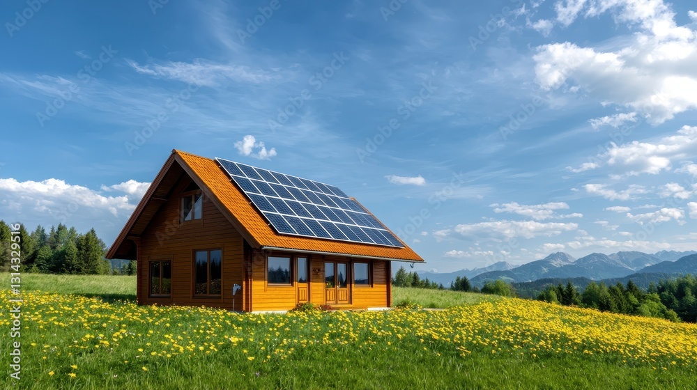 Obraz premium Carbon footprint and consumption concept. A modern wooden house with solar panels sits in a sunny field of flowers, surrounded by mountains and a clear blue sky.