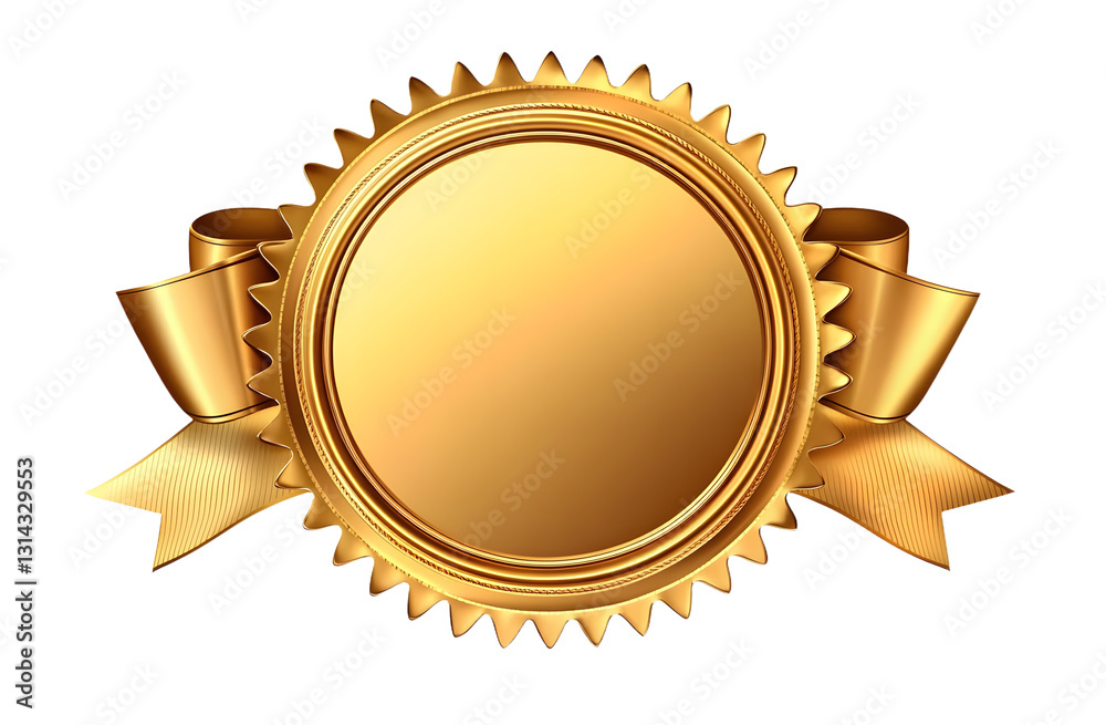 Isolated shiny golden seal with ribbon on white background. Round badge die-cut sticker. Empty metal emblem for sport competition, business choice, luxury certificate template. Success achievement. Isolated shiny golden seal with ribbon on white background. Round badge die-cut sticker. Empty metal emblem for sport competition, business choice, luxury certificate template. Success achievement.