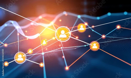 Abstract Network Connection With Orange User Icons and Glowing Lines on Blue Background