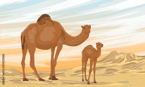 A re-feralized dromedary camel with a cub walks through a desert with sand dunes. Wild animal. Realistic vector landscape