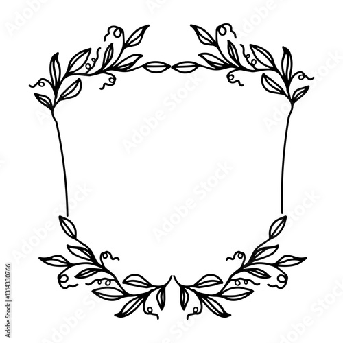 Floral vine leaves crest wreath, hand drawn greenery elements