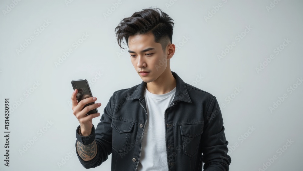 Young Man Engaged with Smartphone in Casual Black Jacket Against Neutral Background Young Man Engaged with Smartphone in Casual Black Jacket Against Neutral Background